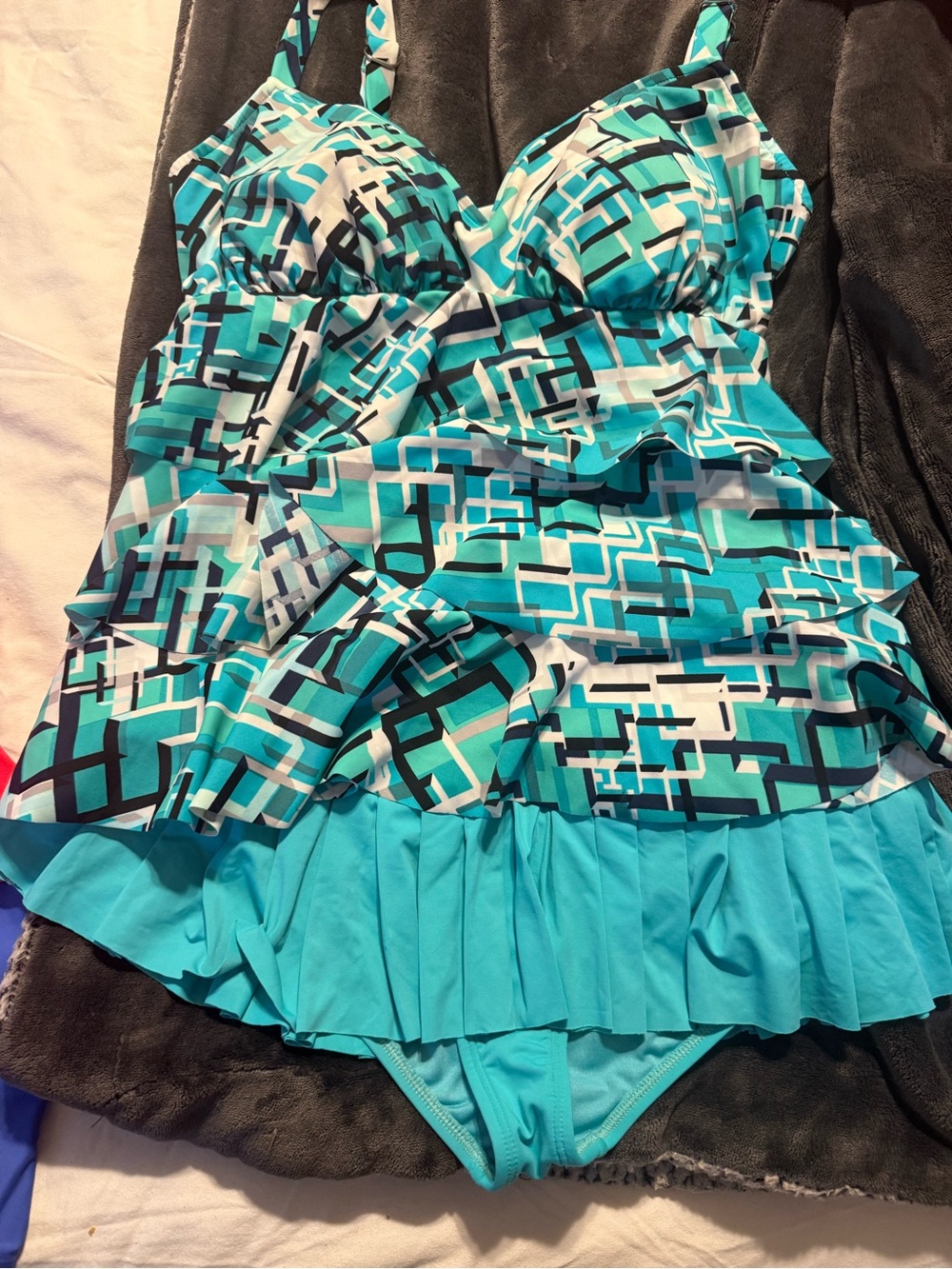 Beach House Turquoise Geometric Ruffle Swimdress